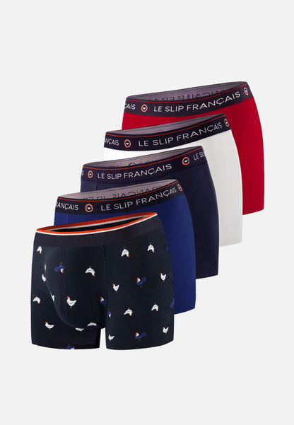 Lot de 5 boxers en coton - Boxers Coq Marine Indigo Marine Blanc Rouge