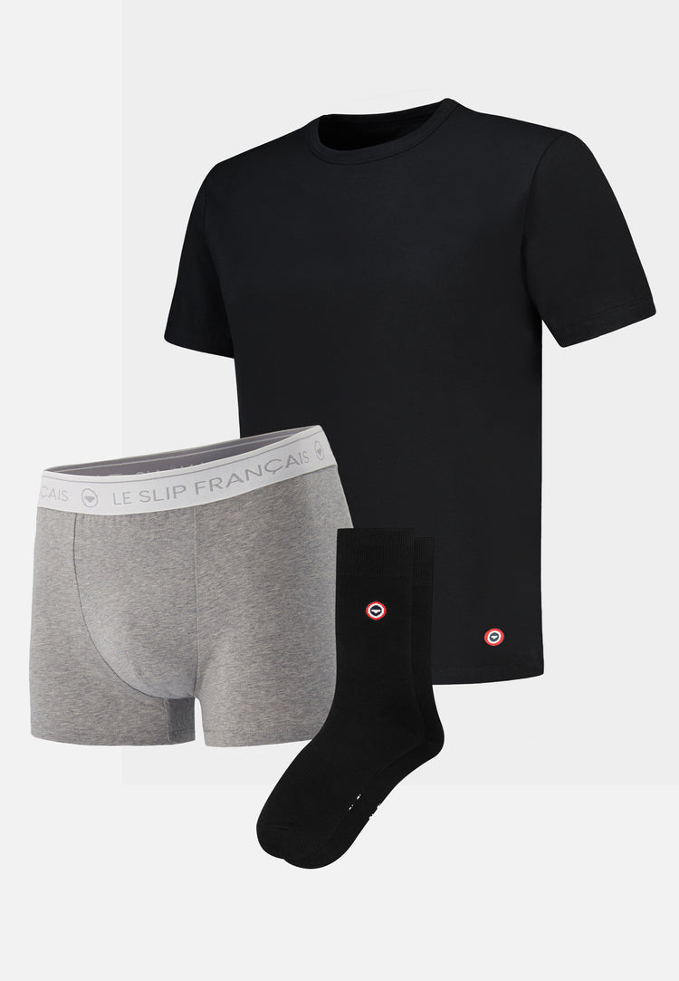 Pack Boxer Redoutable, T-shirt Formidable et Chaussettes Robuste Noir Gris Chiné - Le Slip Français - 1
