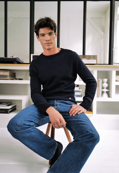 Pull homme bleu marine en maille - Jean Pull Marine Brodé L'Incroyable