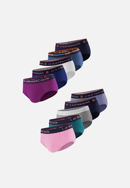 Lot de 10 slips en coton - Slips Marine Violet Rose Pétillant Bleu Canard Marine Blanc Indigo Bleu Acier Bleu Jean Gris Chiné