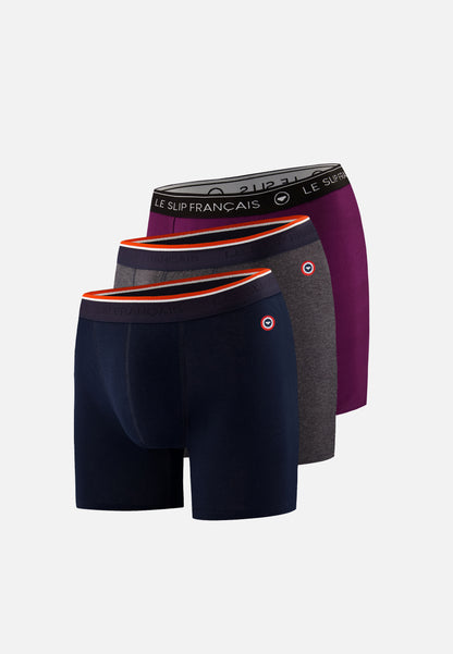 Lot de 3 boxers long en coton - Boxers Marine Gris Anthracite Prune