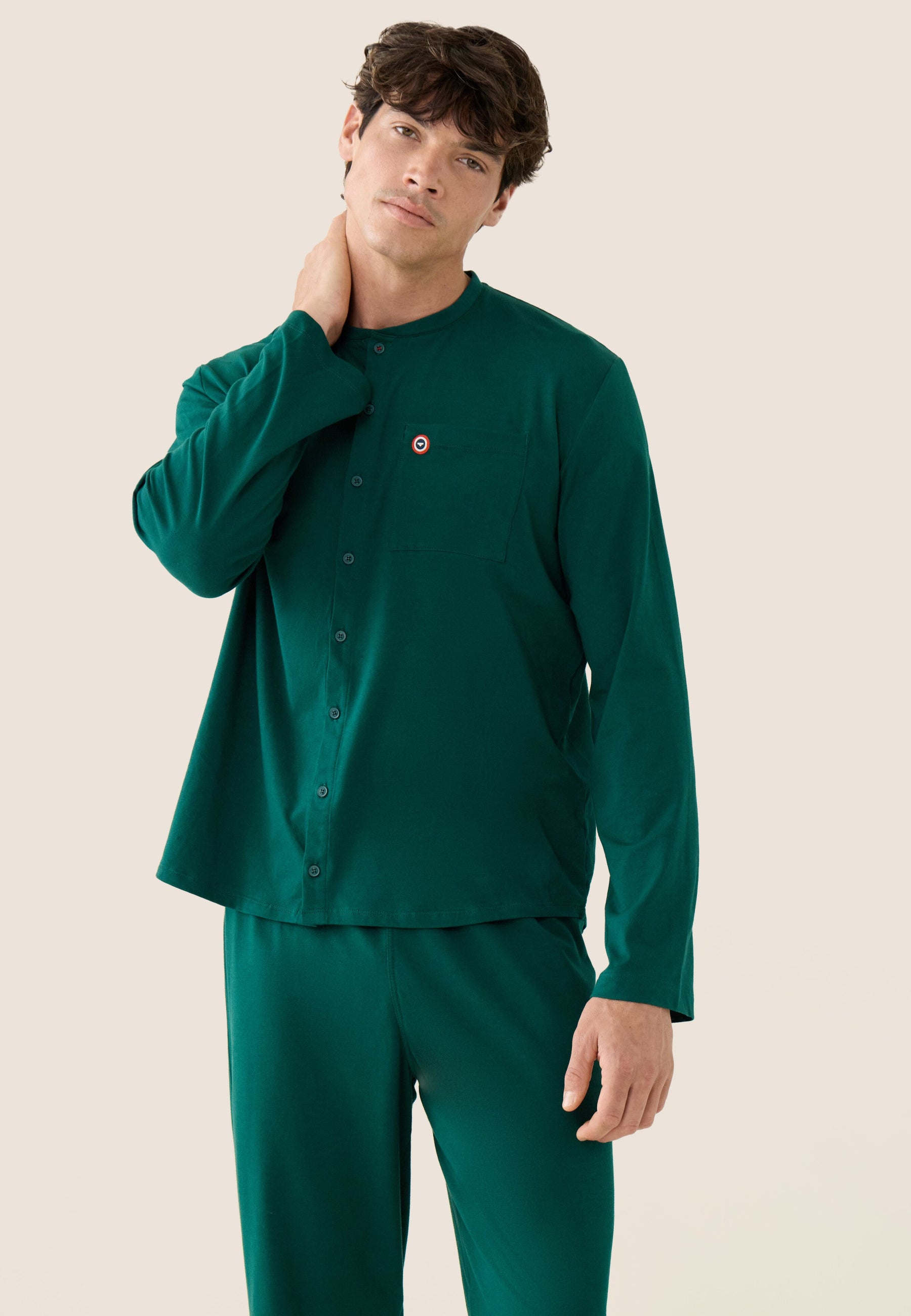 Ensemble pyjama haut et pantalon vert en coton - Pyjama Hugo Haut Manches Longues Et Bas Long Uni Vert