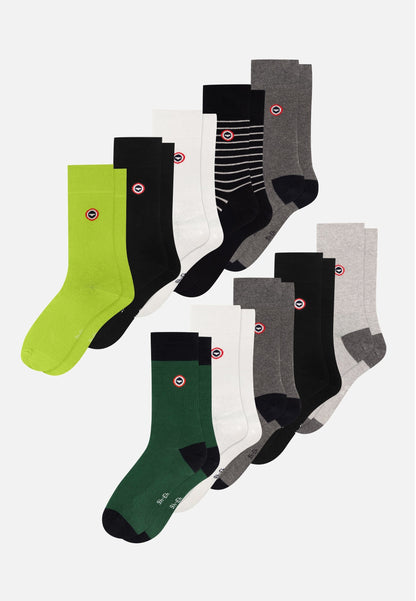 Lot de 10 chaussettes mi-hautes en coton - Chaussettes Blanc Noir Rayures Gris Anthracite Gris Chiné Gris Anthracite Jaune Anis Vert Forêt