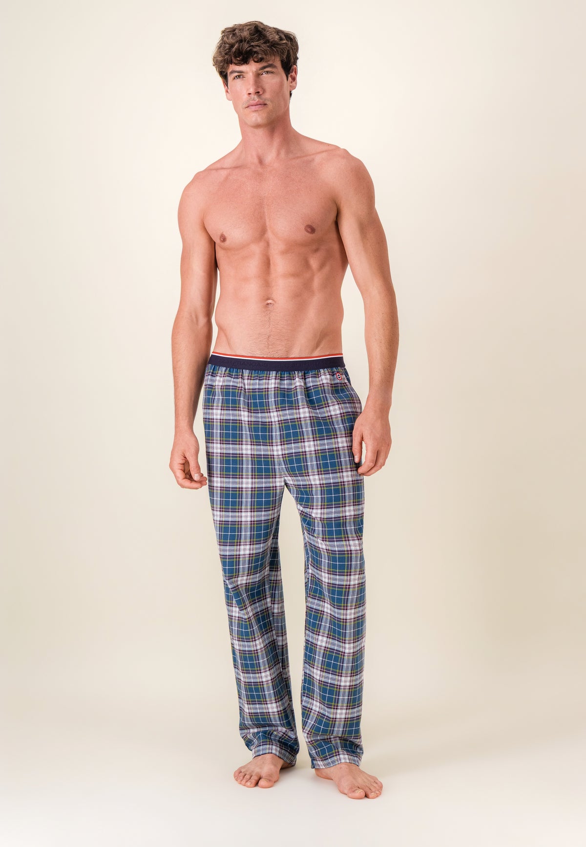 Bas de pyjama long à motif tartan bleu canard en coton - Bastien Tartan Bleu Canard