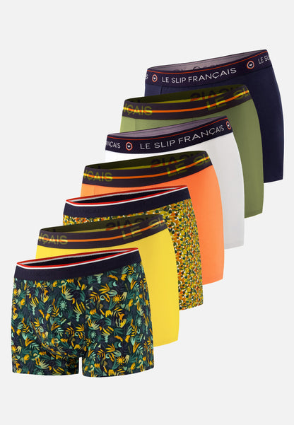 Pack of 7 cotton boxer shorts - Navy, Orange, White, Jungle, Khaki, Veronese, Yellow, Confetti