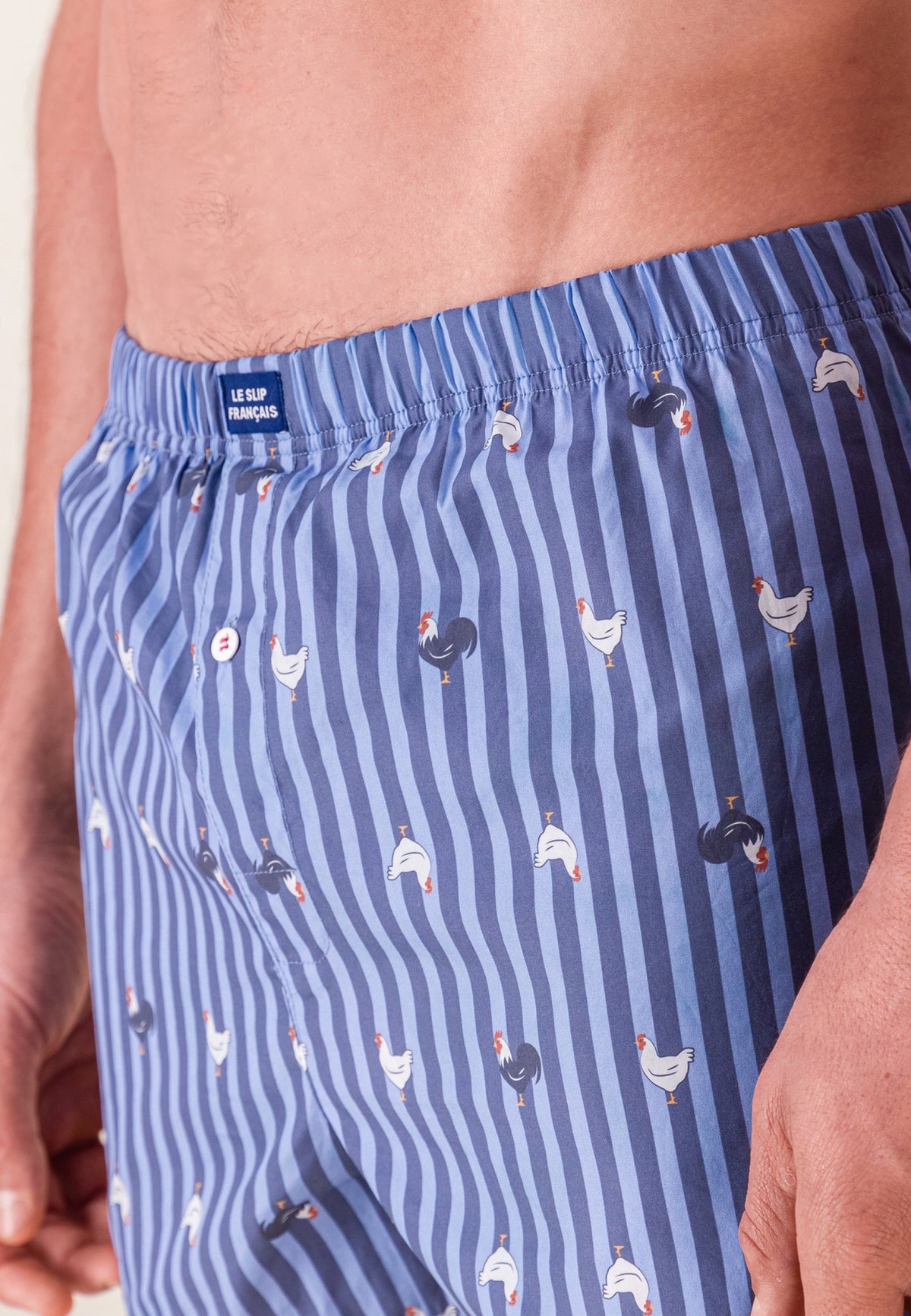 Caleçon à motif rayure coq bleu acier en coton - Jacques Rayure Coq Bleu Acier