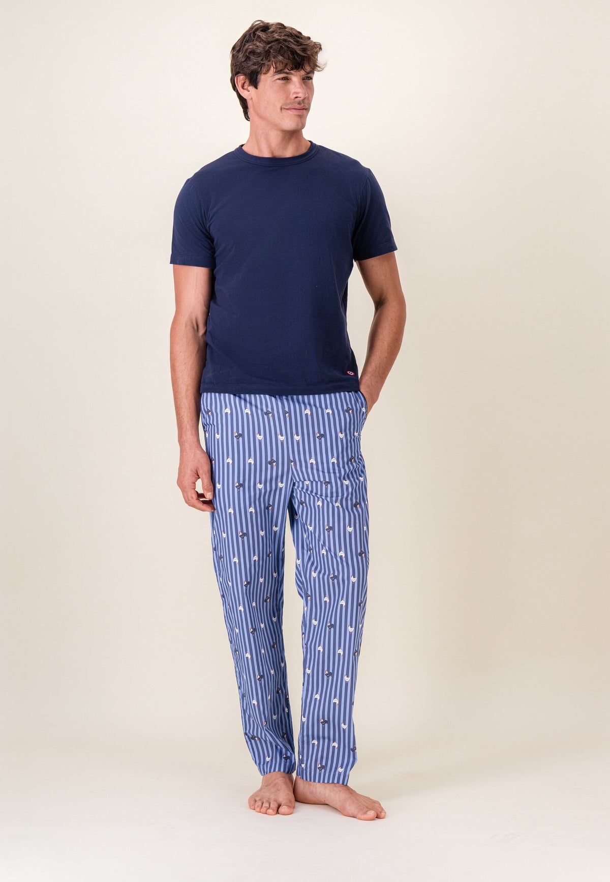 Ensemble pyjama haut et pantalon bleu en coton - Pyjama Haut Manches Courtes Formidable Et Bas De Pyjama Long Bastien Rayures Coq