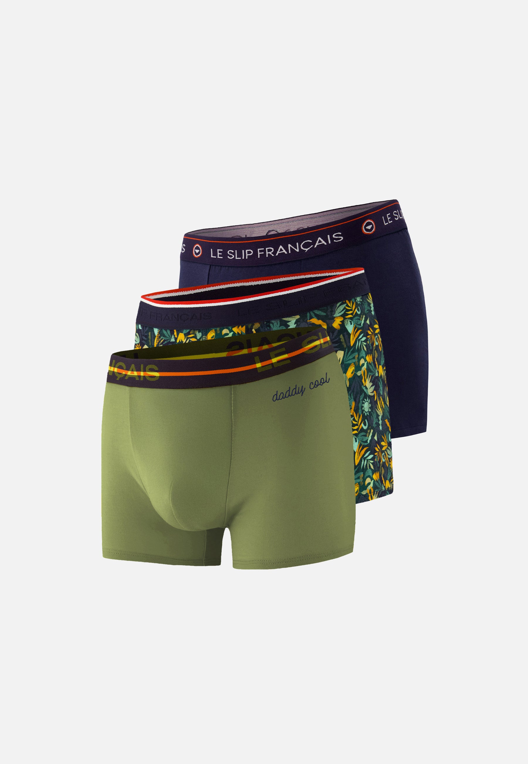 Lot de 3 boxers en coton - Boxers Jungle Kaki Brodé Daddy Cool Marine