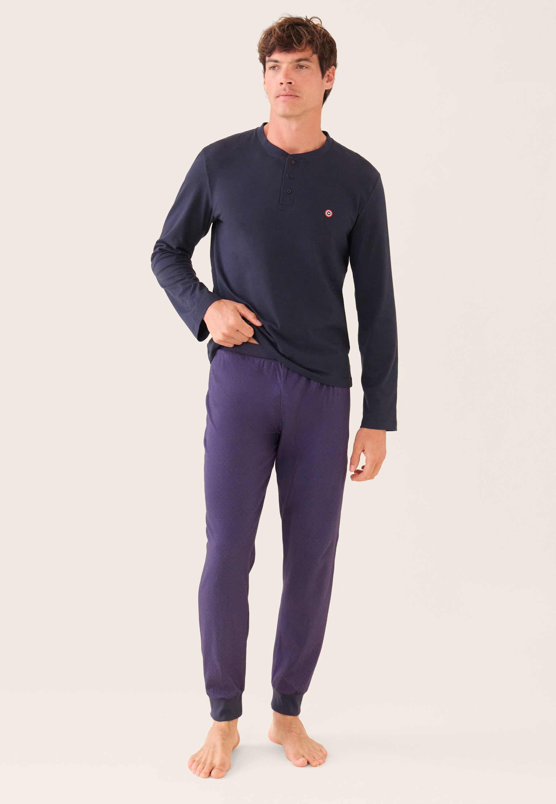 Ensemble pyjama haut bleu marine et pantalon fantaisie en coton - Pyjama Sebastien Haut Manches Longues Uni Marine Et Bas Long Fantaisie