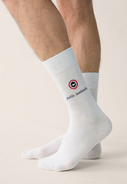 Chaussettes mi-hautes unies blanches - Robuste Blanc Brodé Porte Bonheur