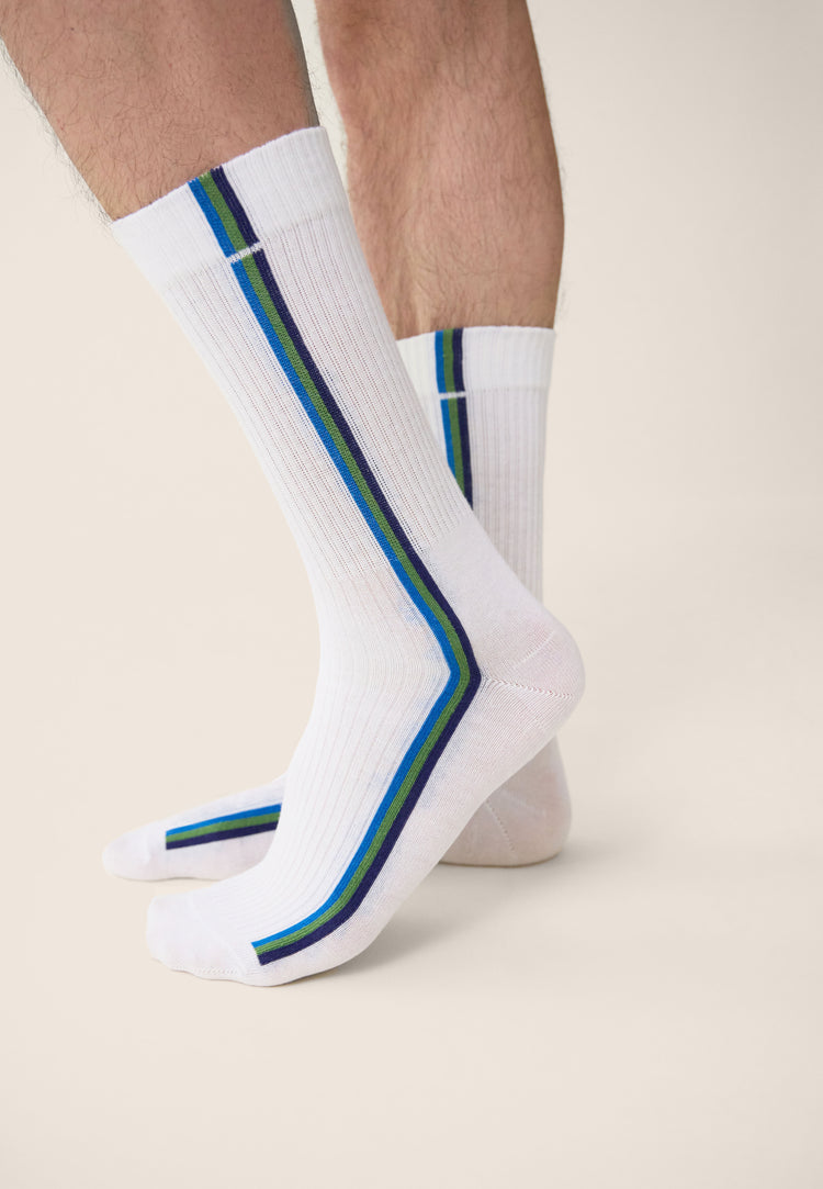 Chaussettes de sport mi-hautes rayées turquoise, vert menthe et indigo - Wilfried Rayures Bleu Turquoise Mint Green Indigo - Le Slip Français - 2