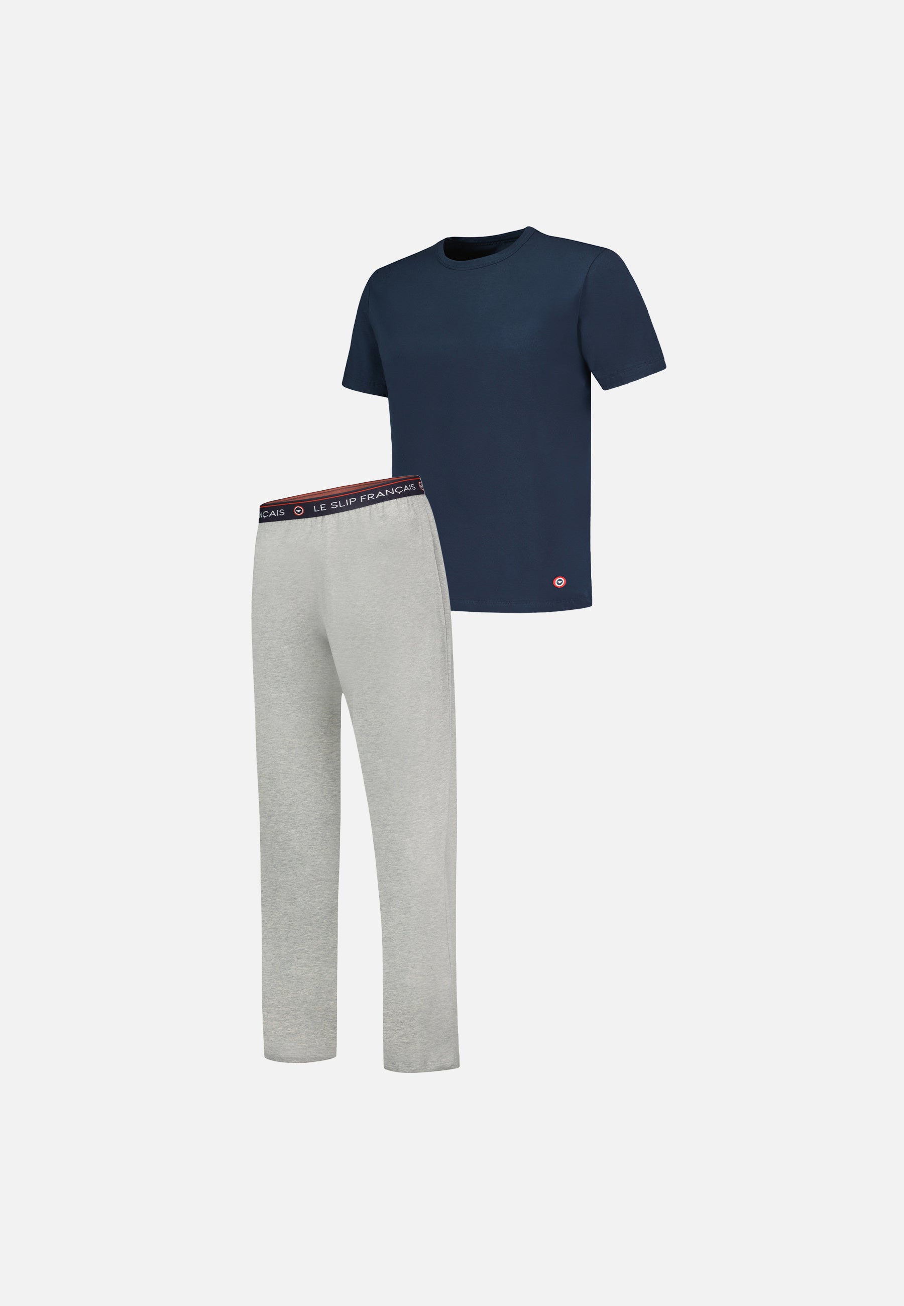 Navy Blue Top and Grey Cotton Pants Pajama Set - Terrific Navy Short Sleeve Top Pajamas and Indomitable Grey Long Pajama Bottoms