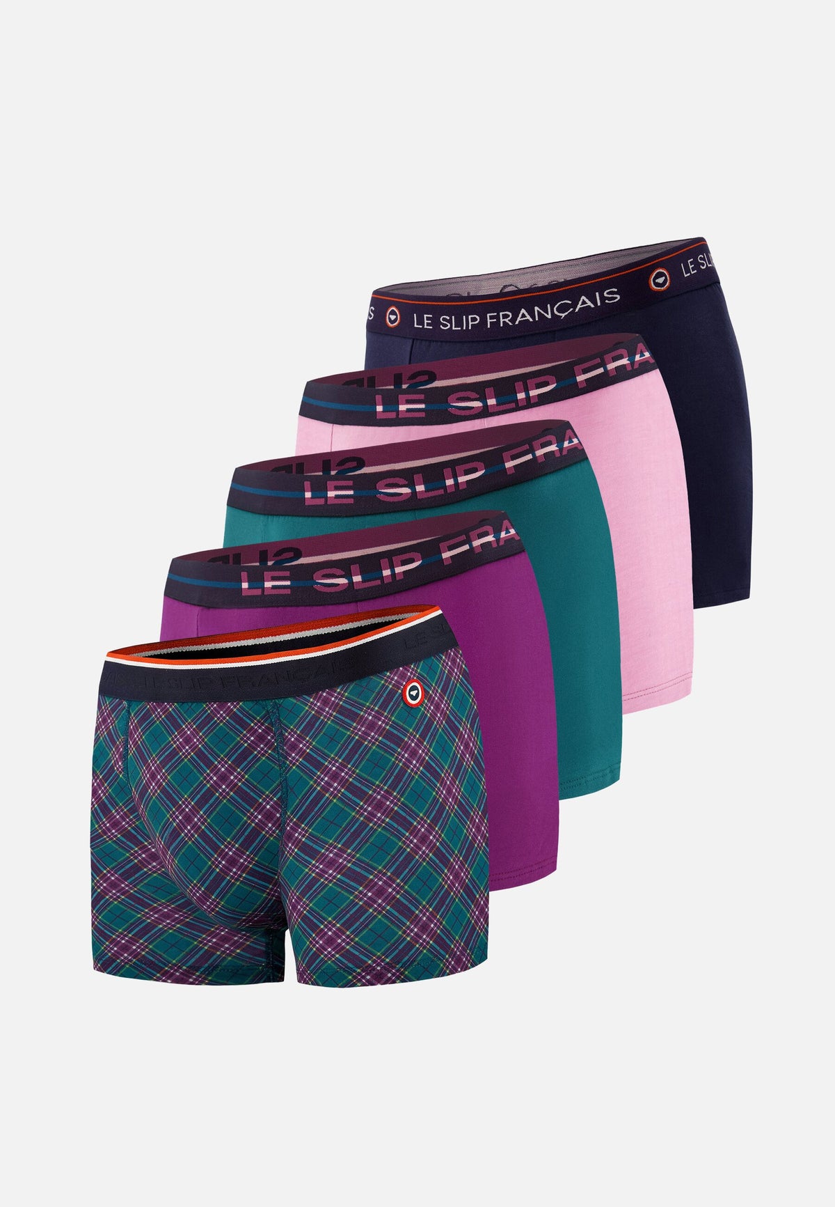 Lot de 5 boxers en coton - Boxers Bleu Canard Tartan Marine Violet Rose