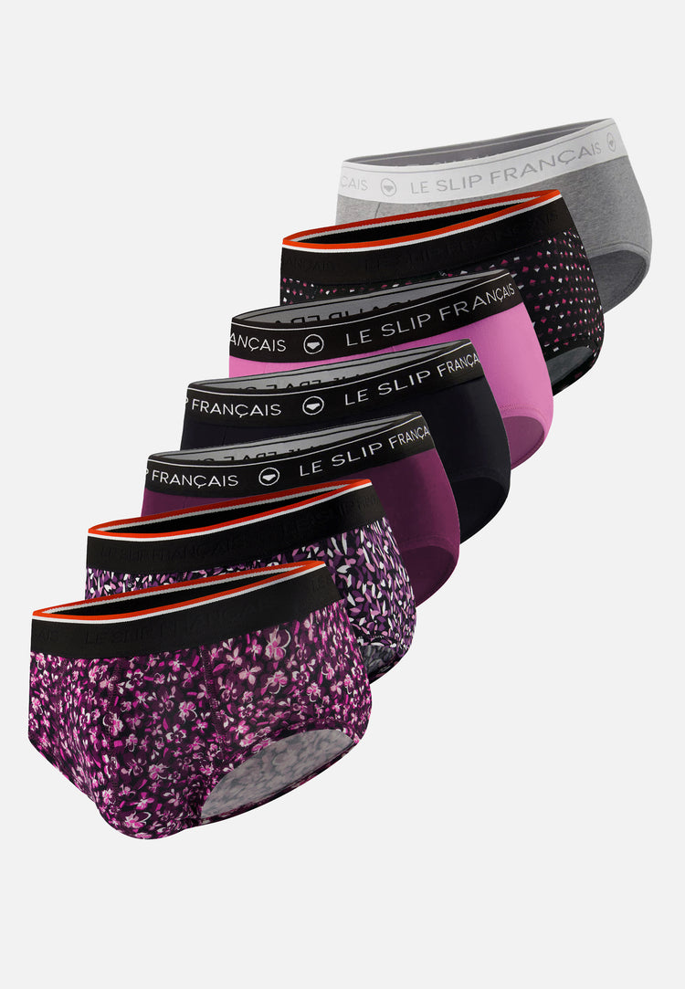 Lot de 7 slips en coton - Slips Prune Noir Fuchsia Gris Chiné Hibiscus Prune Gavotte Prune Petit Carrés Noir - Le Slip Français - 1
