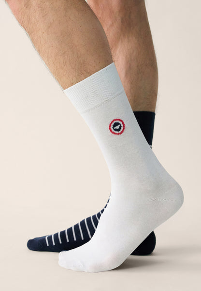 Lot de 2 chaussettes mi-hautes en coton - Chaussettes Marine Rayures Blanches Blanc