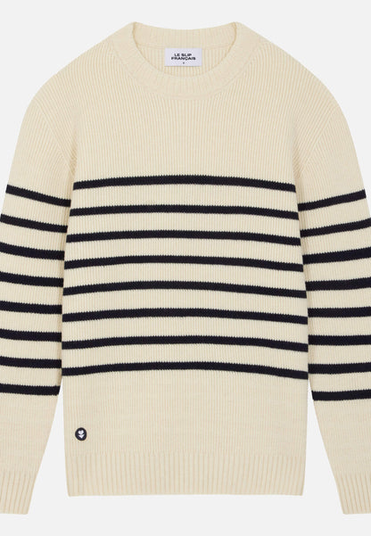 Pull mixte en laine française - Lude Marinière Ecru Marine