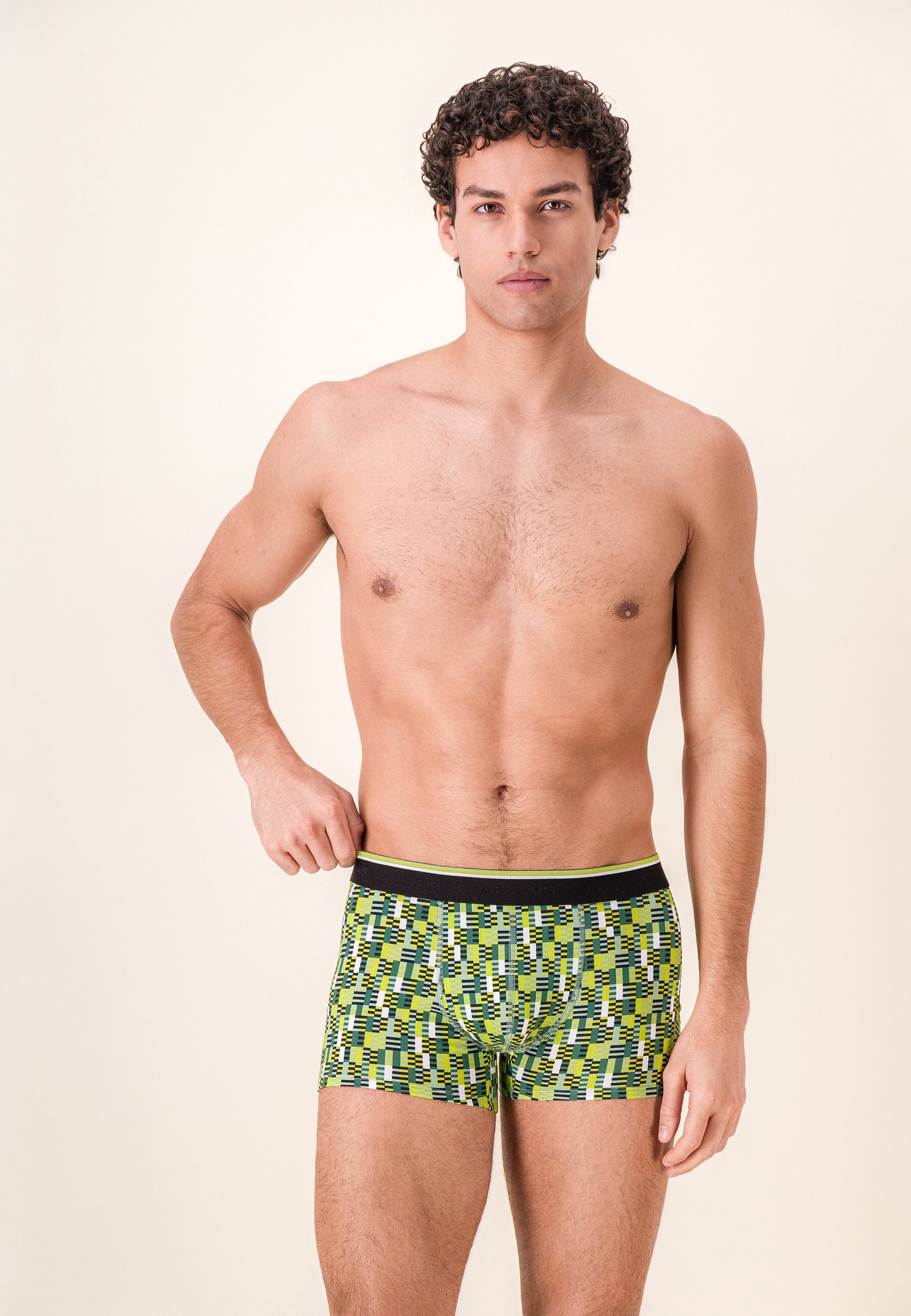 Boxer à motif entrelacés jaune anis en coton - Marius Entrelacés Jaune Anis