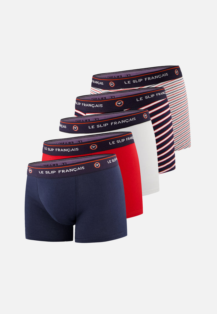 Pack of 5 children's cotton boxers - Navy Red Cherry White Stripes Boxers - Le Slip Français - 1