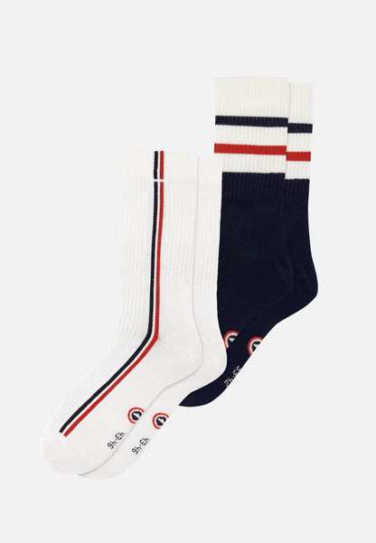 Lot de 2 chaussettes mi-hautes en coton - Chaussettes Marine Blanc Rouge