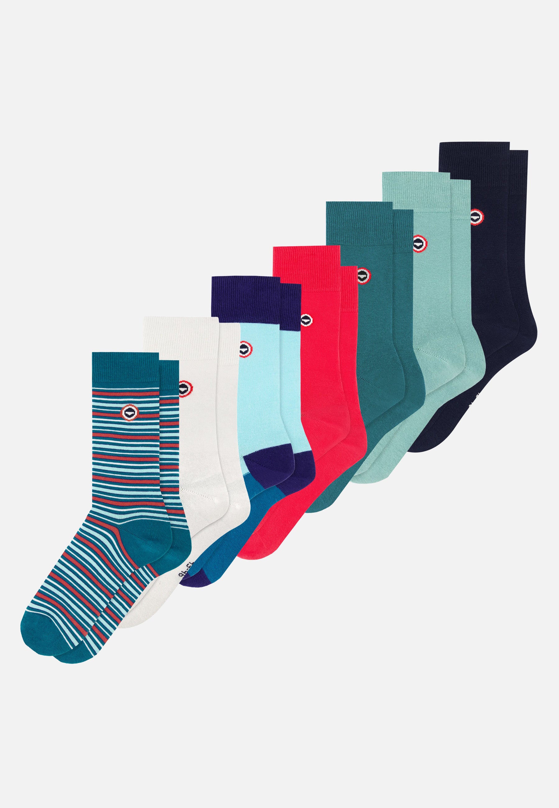 Pack of 7 mid-calf socks - Navy Stripes, Cherry Pink, Indigo, Teal, Azure Green, White