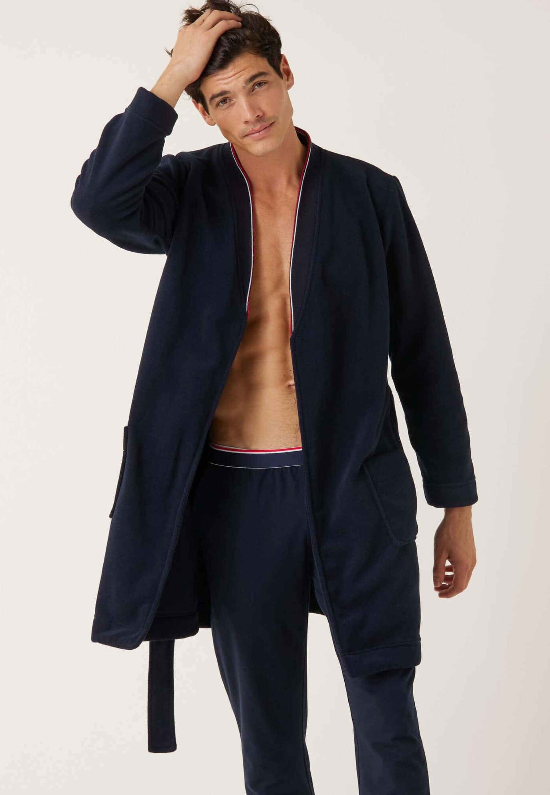 Men's warm navy blue dressing gown with classic collar - Maxime En Polaire Marine