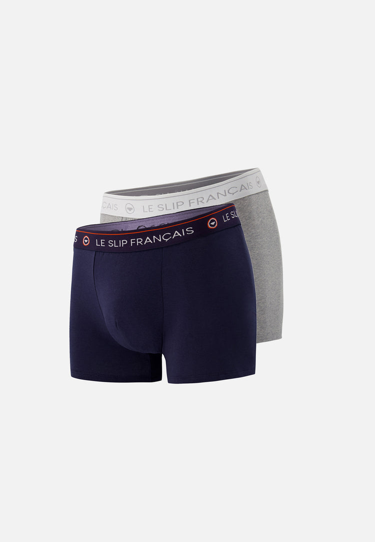 Lot de 2 boxers bleu marine et gris en coton - Boxers Bleu Marine Gris Chiné - Le Slip Français - 1