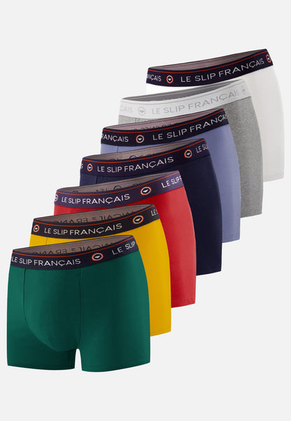 Lot de 7 boxers en coton - Boxers Moutarde Vert Sapin Gris Chiné Rouge Cerise Bleu Jean Marine Blanc
