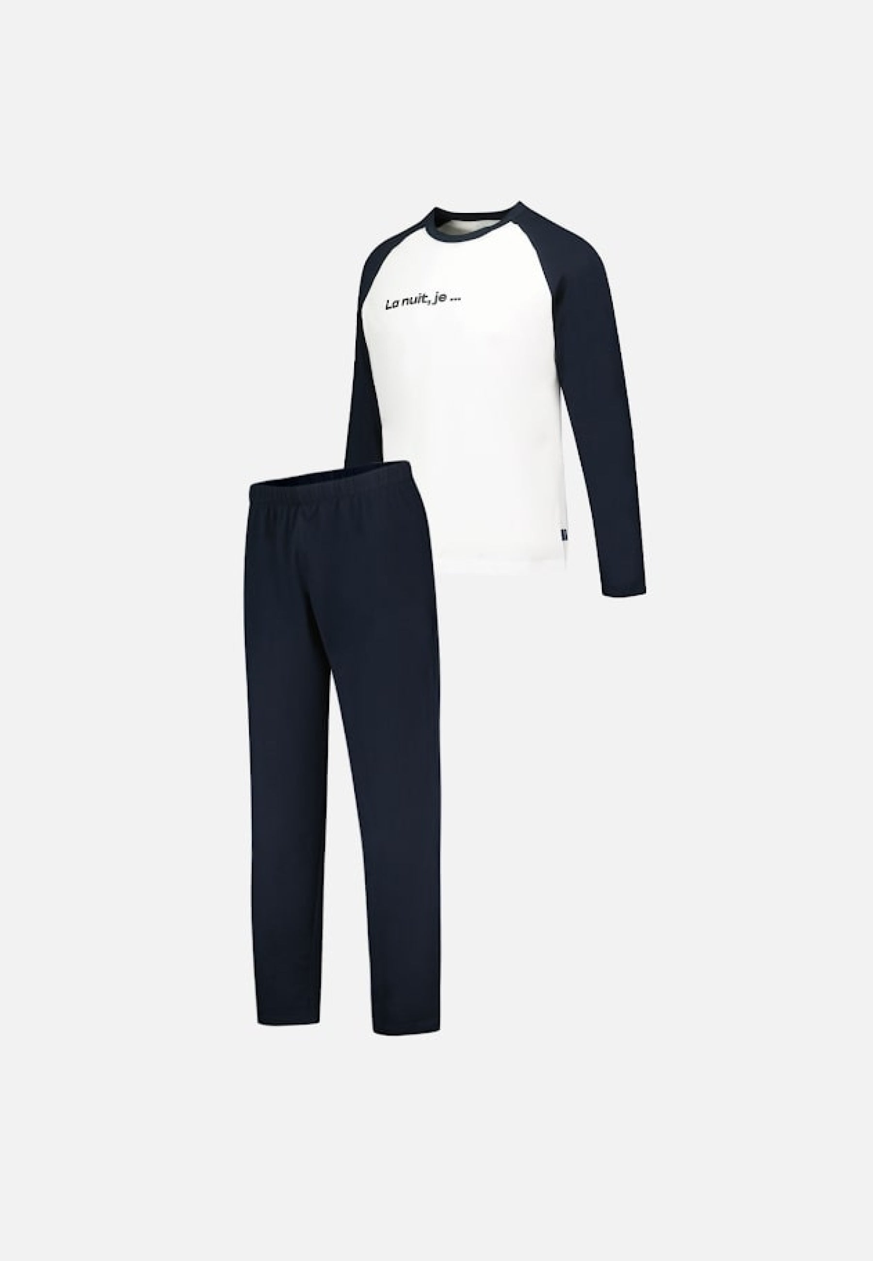 Blue cotton top and pants pajama set - Nathan pajamas, long sleeve top in white and long pajama bottoms in navy