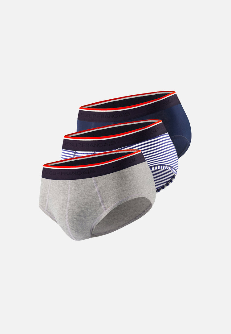 Lot de 3 slips en coton - Trio de Slip Terrible Marinière Marine Gris - Le Slip Français - 1