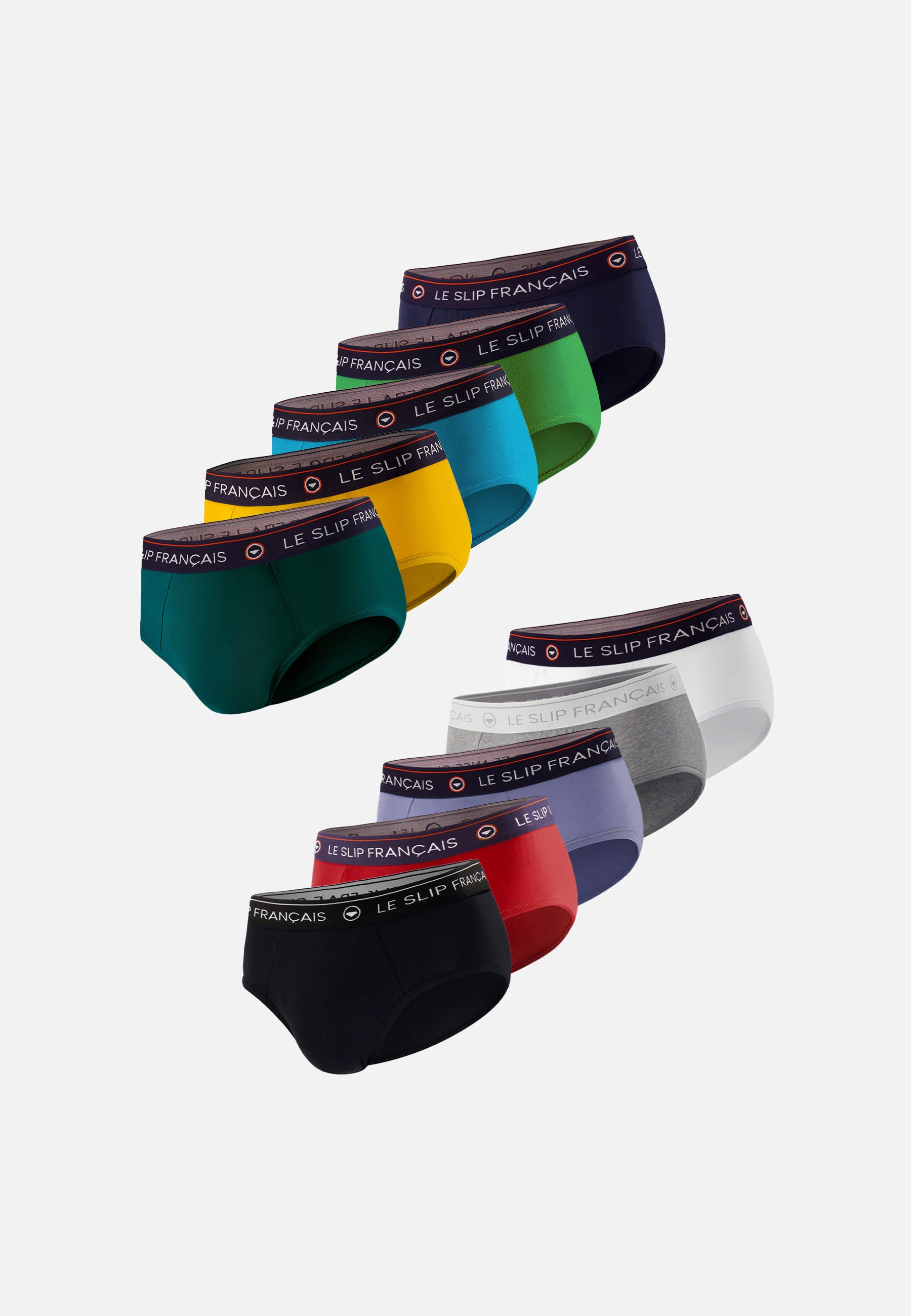 Lot de 10 slips en coton - Slips Moutarde Vert Sapin gris Chiné Rouge Cerise Bleu Jean Marine Blanc Noir Topaz Mint Green