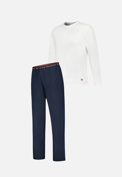 Ensemble pyjama haut blanc et pantalon marine en coton - Pyjama Haut Manches Longues Superbe Blanc Et Bas De Pyjama Long Indomptable Marine