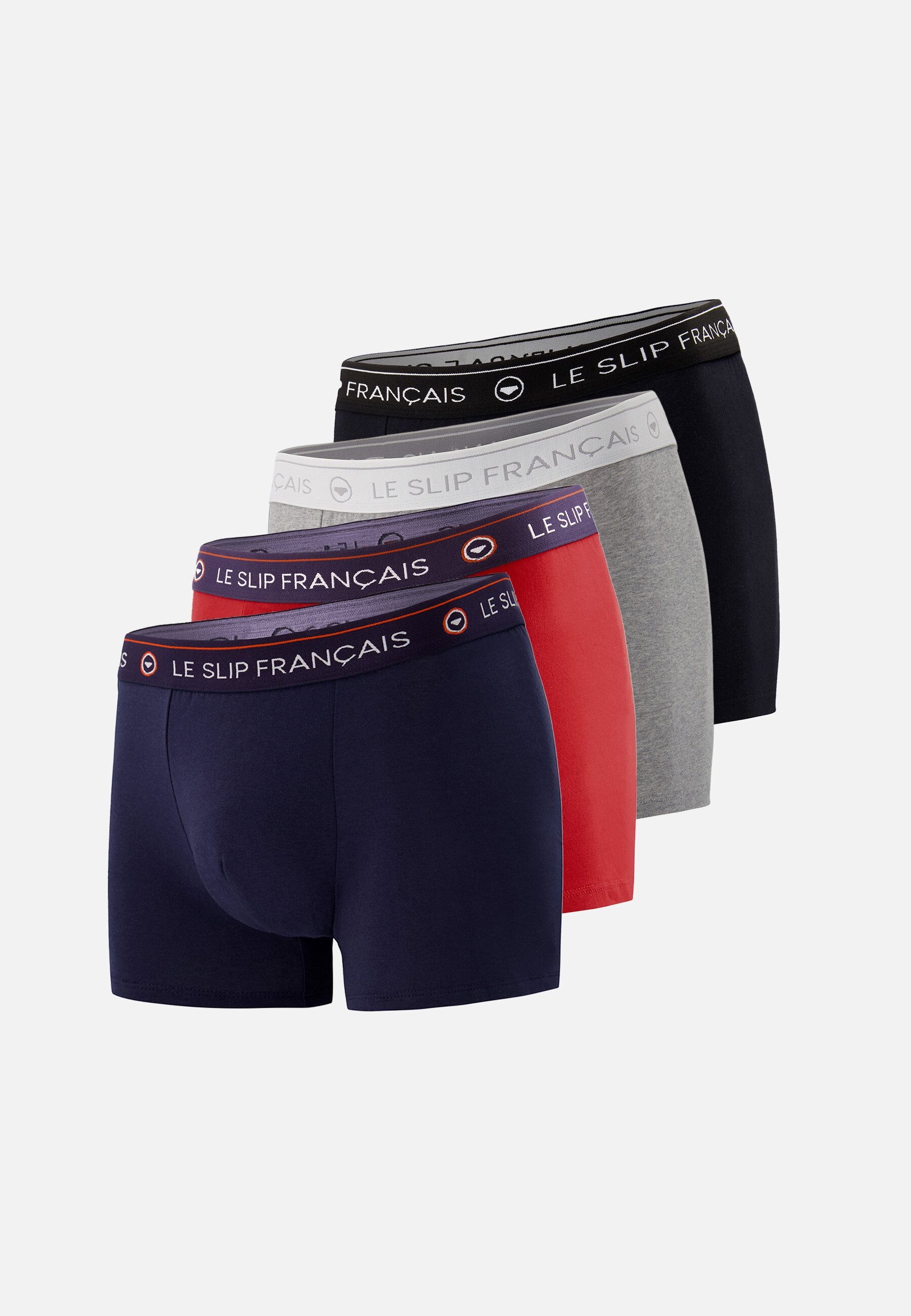 Lot de 4 boxers en coton - Boxers Bleu Marine Gris Chiné Rouge Noir