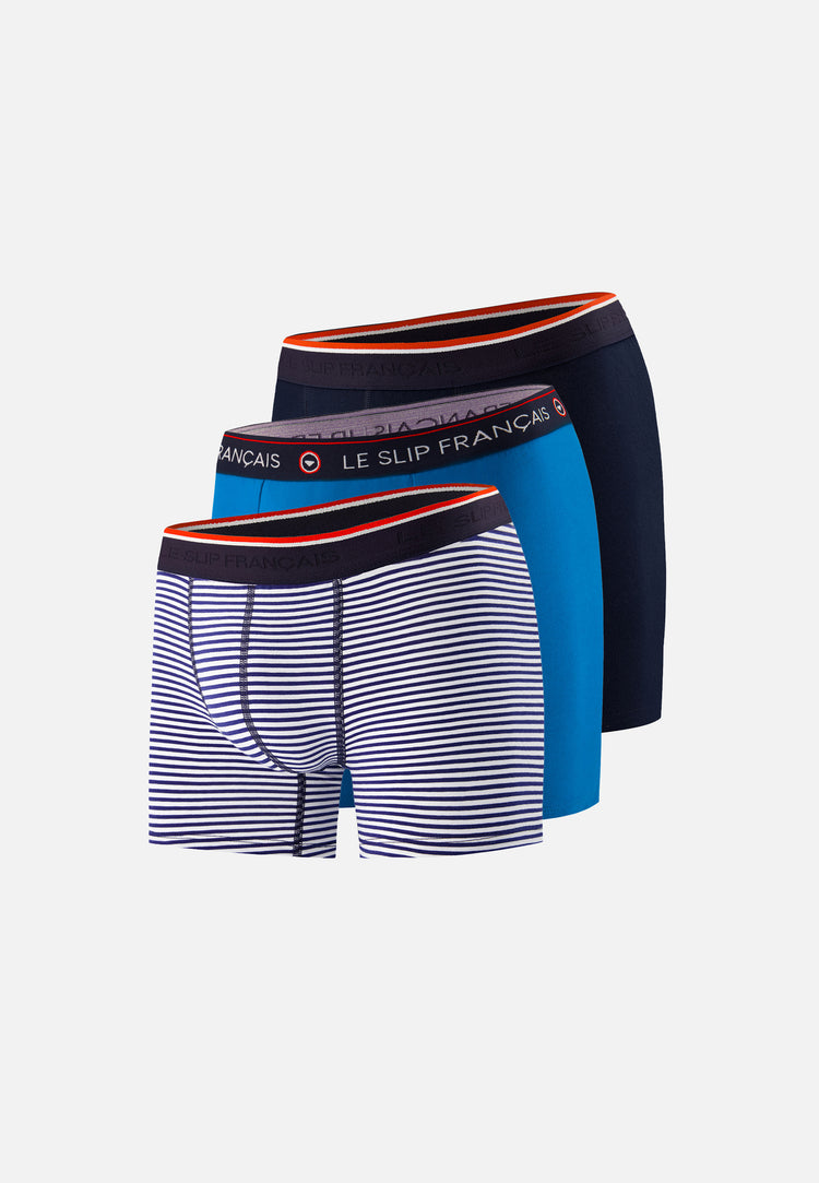 Pack of 3 long cotton boxers - Navy Blue Turquoise Striped Boxers - Le Slip Français - 1