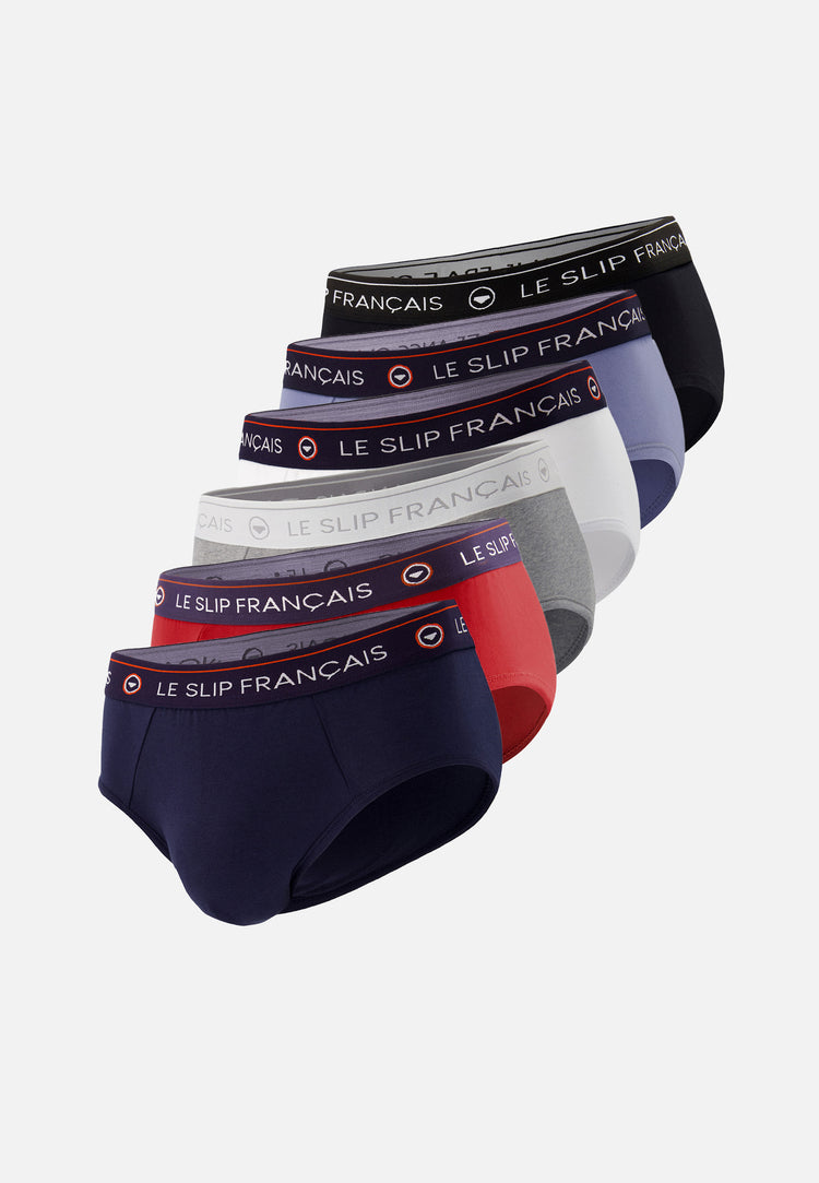 Pack 6 Intrepid Briefs Black White Navy Cherry Red Heather Gray Jean Blue - Le Slip Français - 1