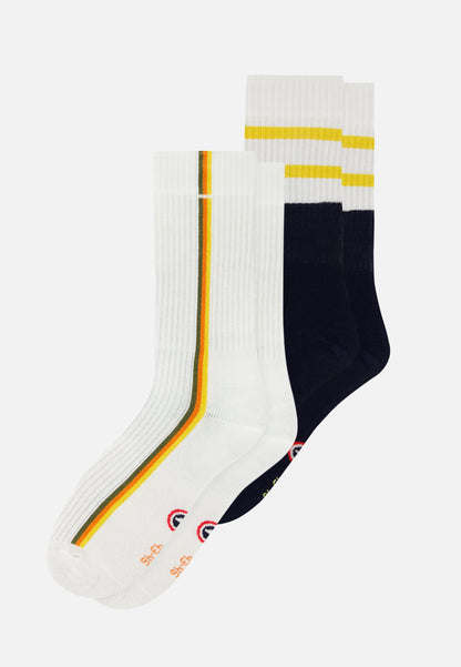 Set of 2 mid-calf cotton socks - Khaki Veronese Stripes Socks with Lemon Yellow Block