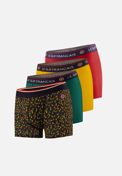 Lot de 4 boxers en coton - Boxers Rouge Cerise Gavotte Vert Sapin Moutarde