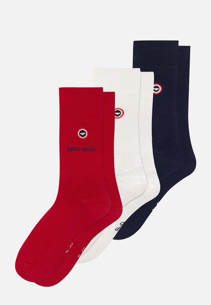 Lot de 3 chaussettes mi-hautes - Chaussettes Marine Blanc Rouge Brodé Hors Piste