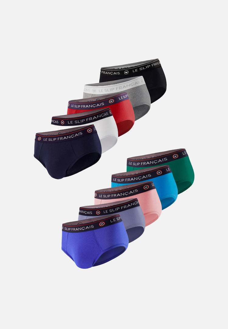 Lot de 10 slips en coton - Pack 10 Slips Intrépide Marine Blanc Rouge Cerise Gris Chiné Noir Bleu Jean Bleu Eblouissant Rose Des Bois Bleu Fluo Emeraude - Le Slip Français - 1