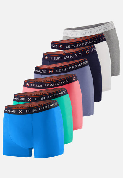 Lot de 7 boxers en coton - Boxers Bleu Fluo Mint Neon Pink Bleu Jean Marine Blanc Gris Chiné