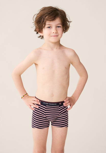 Lot de 5 boxers enfant en coton - Boxers Marine Rouge Cerise Rayures Blanc