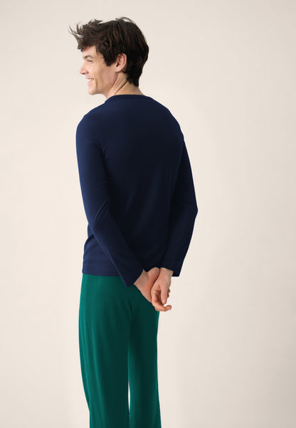 Navy blue top and fir green cotton pants pajama set - Superb long-sleeved navy top pajamas and untamed long fir green pajama bottoms