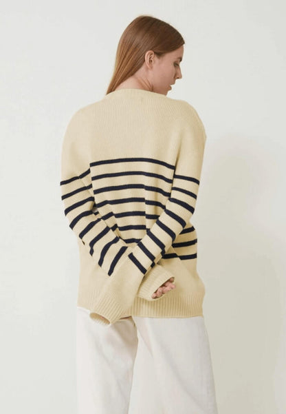 Pull mixte en laine française - Lude Marinière Ecru Marine