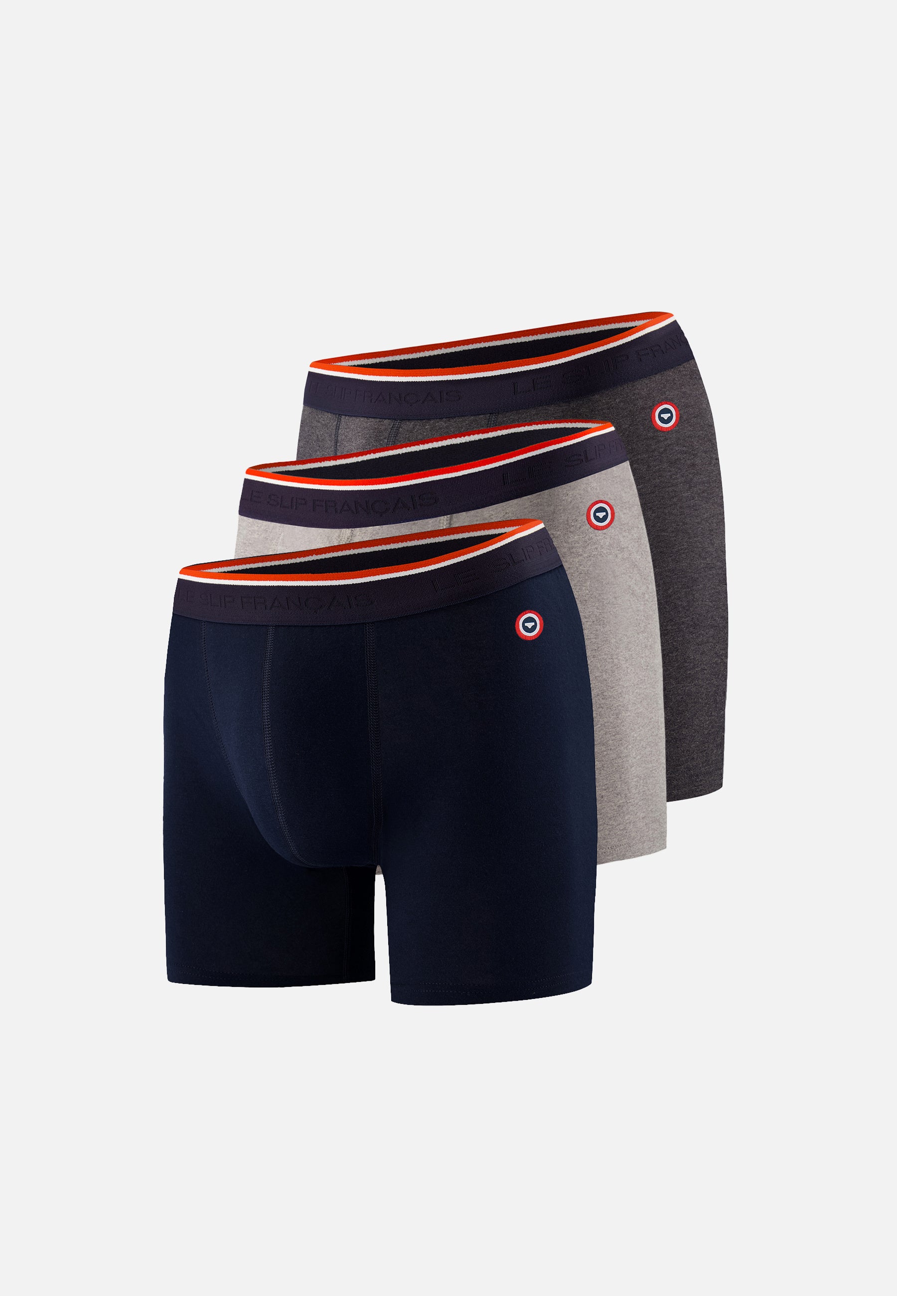 Lot de 3 boxers long en coton - Boxers Marine Gris Chiné Gris Anthracite