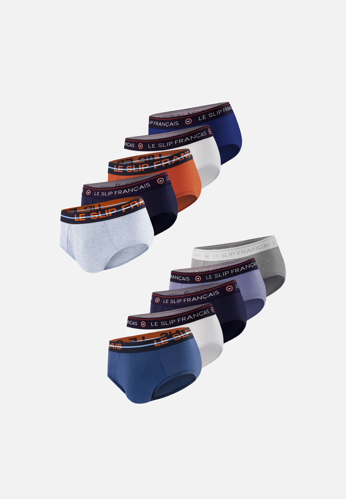 Lot de 10 slips en coton - Slips Marine Blanc Indigo Gris Chiné Bleu Jean Brique Acier Ciel
