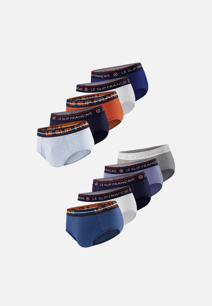 Lot de 10 slips en coton - Slips Marine Blanc Indigo Gris Chiné Bleu Jean Brique Acier Ciel