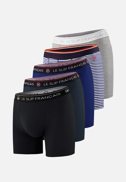 Lot de 5 boxers longs en coton - Boxers Longs Marinière Marine Indigo Noir Gris Chiné