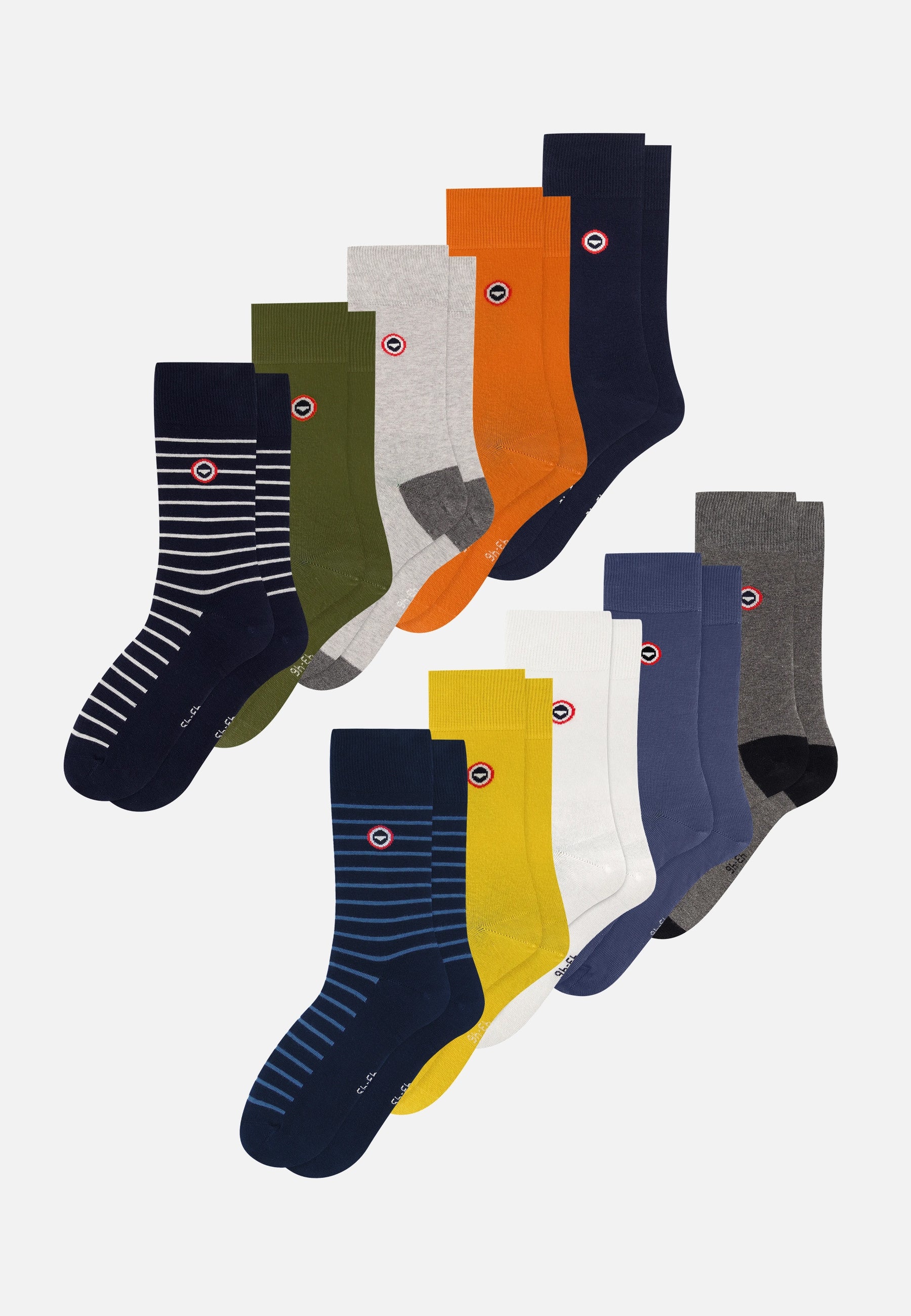 Pack of 10 mid-calf socks - Yellow, Navy, Khaki, Steel Stripes, White Stripes, Orange, White, Anthracite Grey, Light Grey, Steel