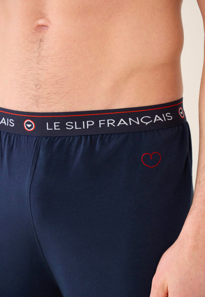 Bas de pyjama long homme bleu en coton - Indomptable Marine Brodé 'Coeur'