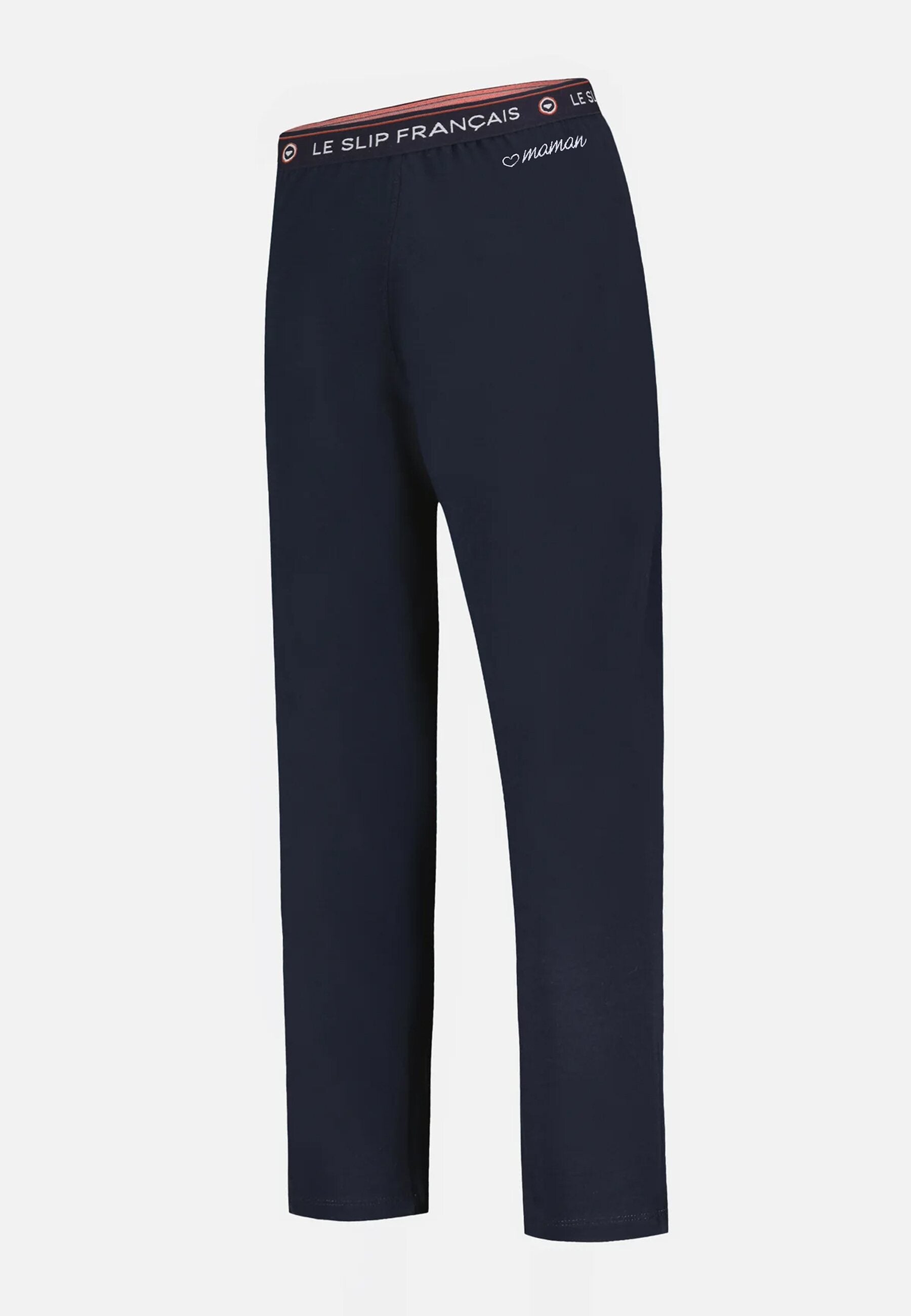 Bas de pyjama long femme bleu marine en coton - Vigoureuse Marine Brodé Cur Maman