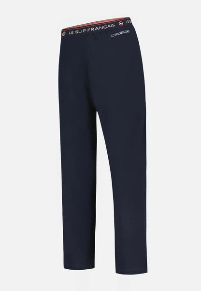 Bas de pyjama long femme bleu marine en coton - Vigoureuse Marine Brodé Cur Maman